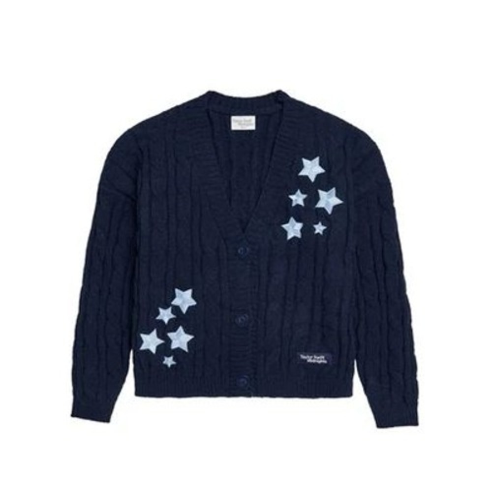 Taylor Swift Midnights Cardigan Navy Blue Star Patch Cable Knit MD/LG NEW